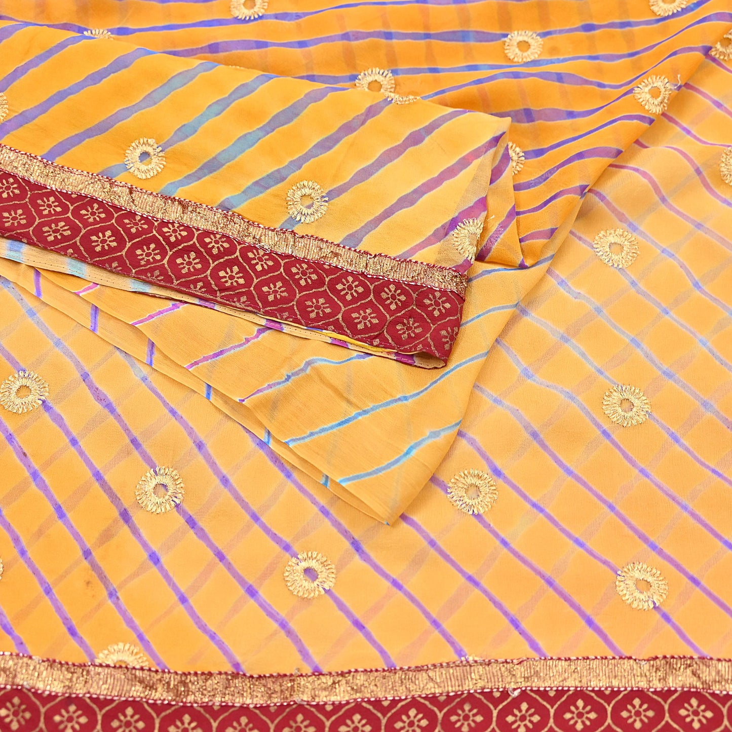 Indian Vintage Orange & Saffron Sarees Pure Georgette Silk Hand Embroidered Leheria Sari Craft Fabric 5Yd Sewing Soft Dress Making Sequins