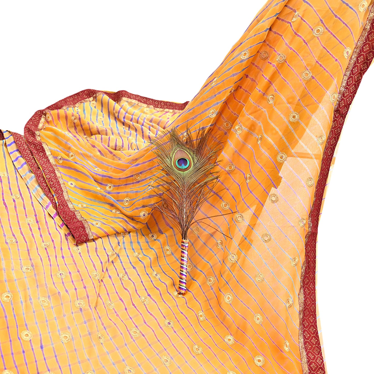Indian Vintage Orange & Saffron Sarees Pure Georgette Silk Hand Embroidered Leheria Sari Craft Fabric 5Yd Sewing Soft Dress Making Sequins