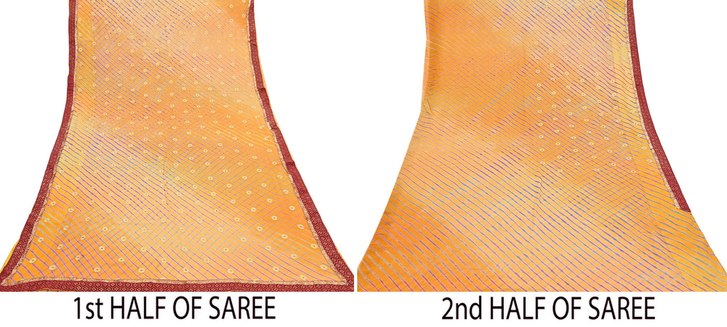 Indian Vintage Orange & Saffron Sarees Pure Georgette Silk Hand Embroidered Leheria Sari Craft Fabric 5Yd Sewing Soft Dress Making Sequins
