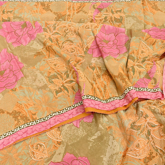 Indian Vintage Green & Beige Printed Pure Crepe Silk 5yd Saree Floral Floral Pattern Lightweight Fabric for Dressmaking Christmas Gifting