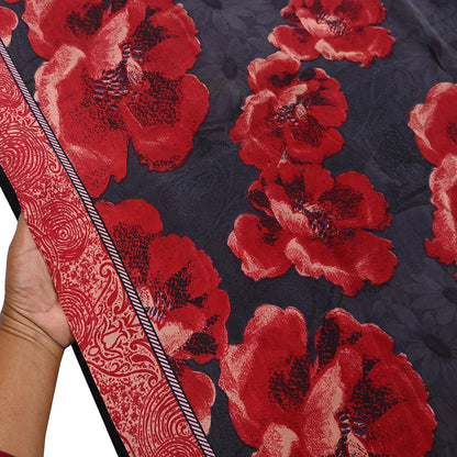 Indian Vintage Sari Gray & Red Pure Crepe Silk Block Printed Sarees 5yd Sewing Floral Soft Craft Fabric Wrap Dress making Crafting Quilting