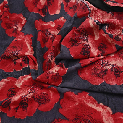 Indian Vintage Sari Gray & Red Pure Crepe Silk Block Printed Sarees 5yd Sewing Floral Soft Craft Fabric Wrap Dress making Crafting Quilting