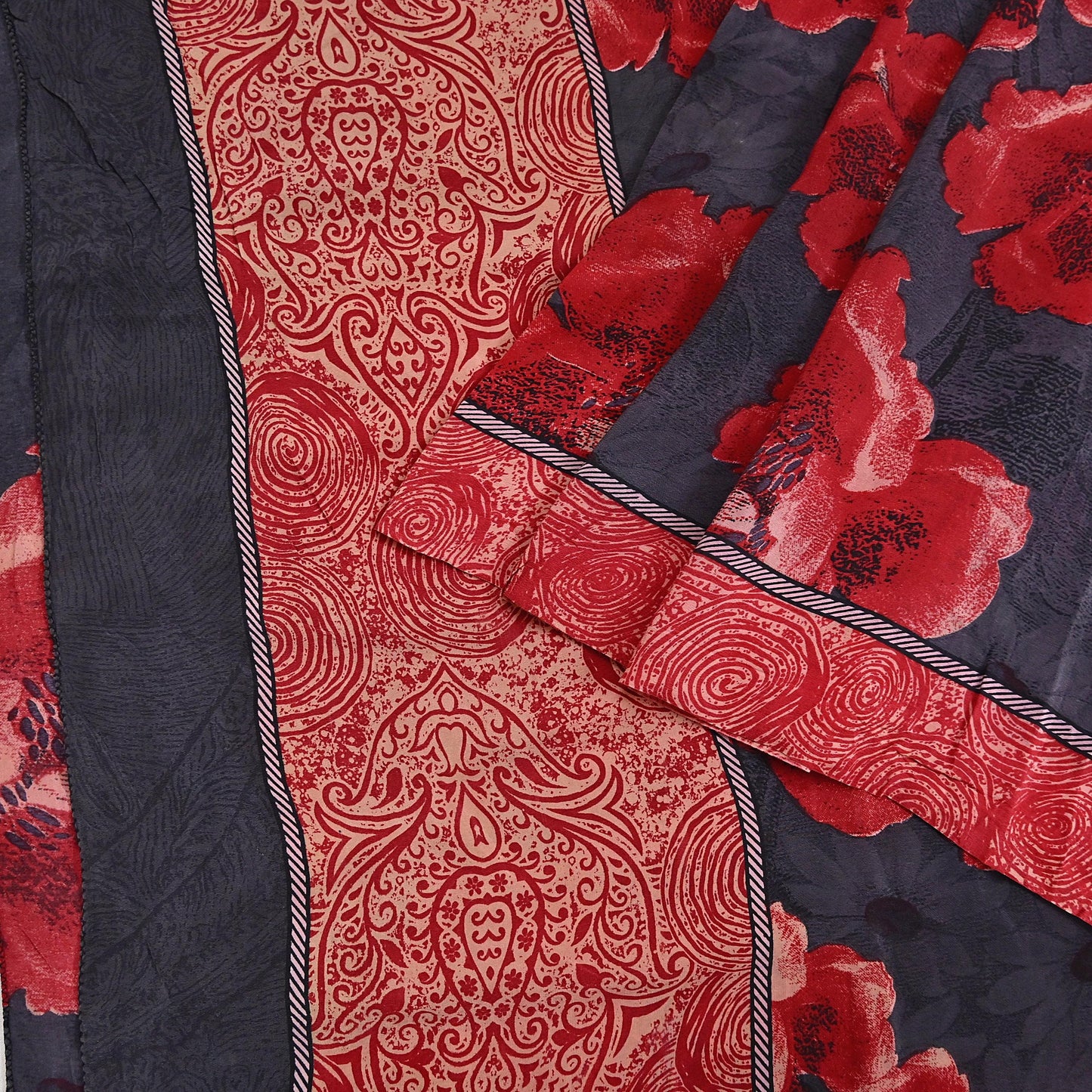 Indian Vintage Sari Gray & Red Pure Crepe Silk Block Printed Sarees 5yd Sewing Floral Soft Craft Fabric Wrap Dress making Crafting Quilting