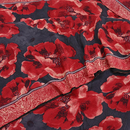 Indian Vintage Sari Gray & Red Pure Crepe Silk Block Printed Sarees 5yd Sewing Floral Soft Craft Fabric Wrap Dress making Crafting Quilting