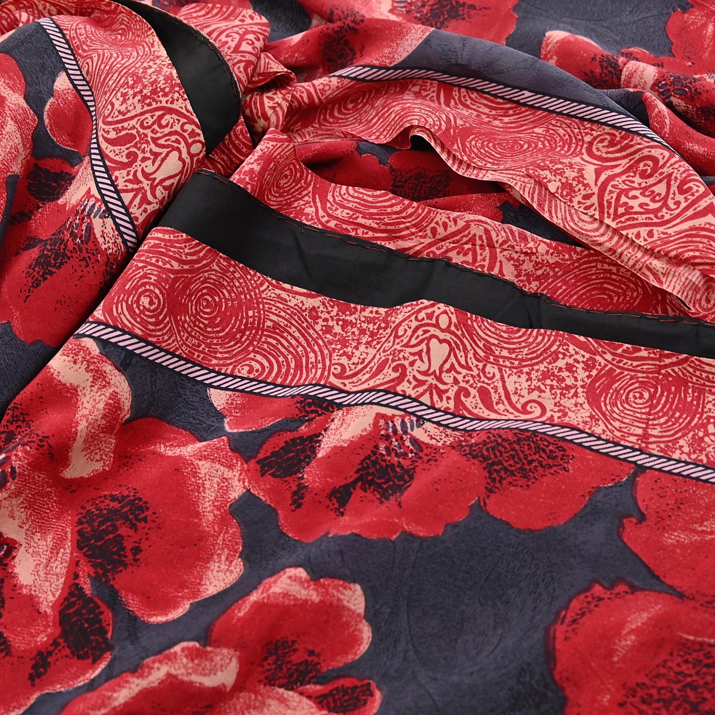 Indian Vintage Sari Gray & Red Pure Crepe Silk Block Printed Sarees 5yd Sewing Floral Soft Craft Fabric Wrap Dress making Crafting Quilting