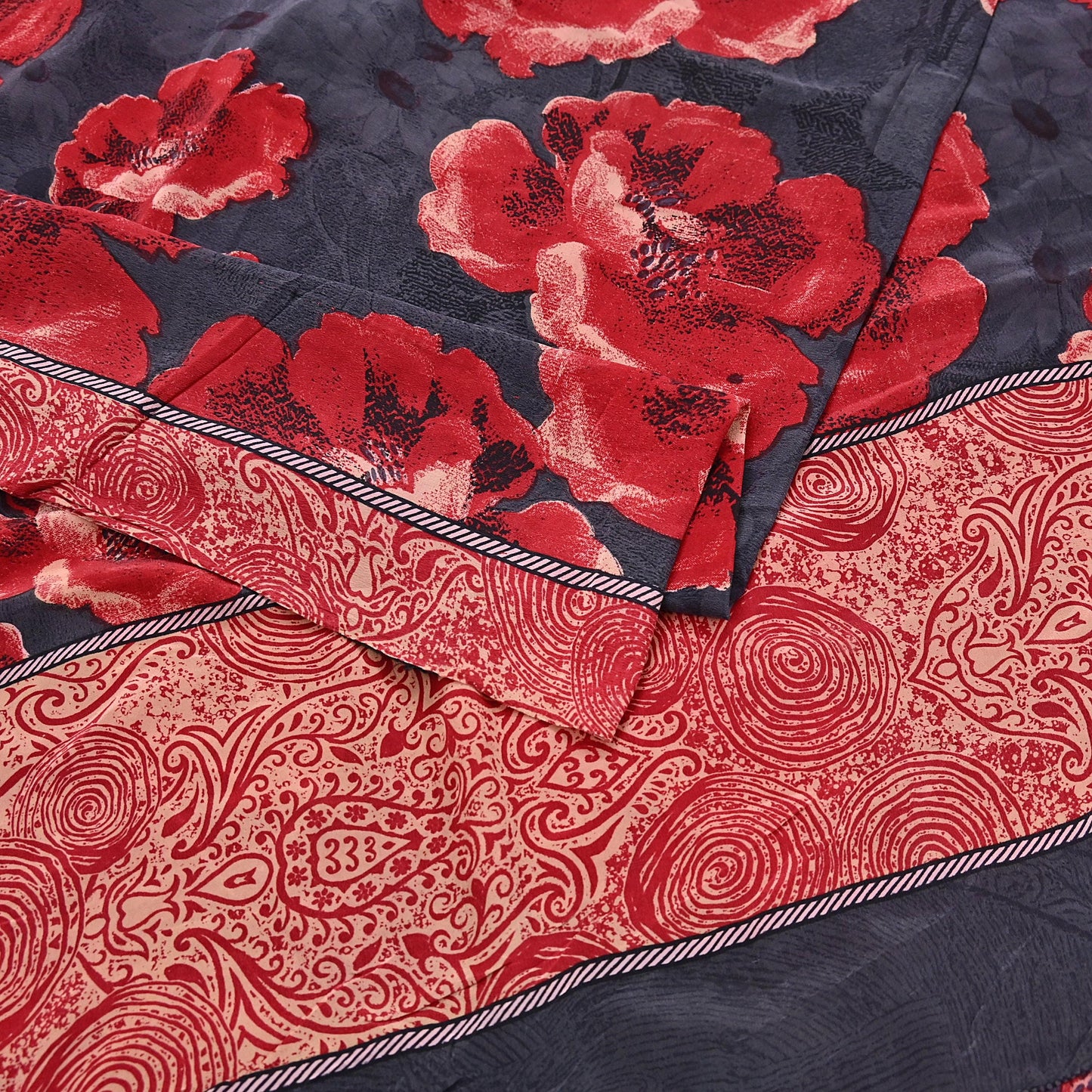 Indian Vintage Sari Gray & Red Pure Crepe Silk Block Printed Sarees 5yd Sewing Floral Soft Craft Fabric Wrap Dress making Crafting Quilting