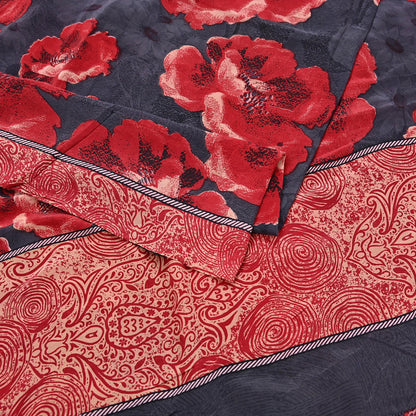Indian Vintage Sari Gray & Red Pure Crepe Silk Block Printed Sarees 5yd Sewing Floral Soft Craft Fabric Wrap Dress making Crafting Quilting