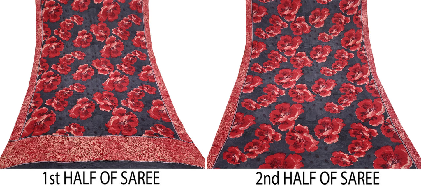 Indian Vintage Sari Gray & Red Pure Crepe Silk Block Printed Sarees 5yd Sewing Floral Soft Craft Fabric Wrap Dress making Crafting Quilting