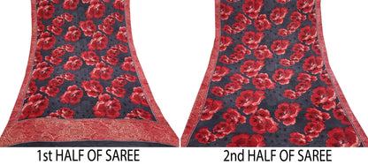 Indian Vintage Sari Gray & Red Pure Crepe Silk Block Printed Sarees 5yd Sewing Floral Soft Craft Fabric Wrap Dress making Crafting Quilting