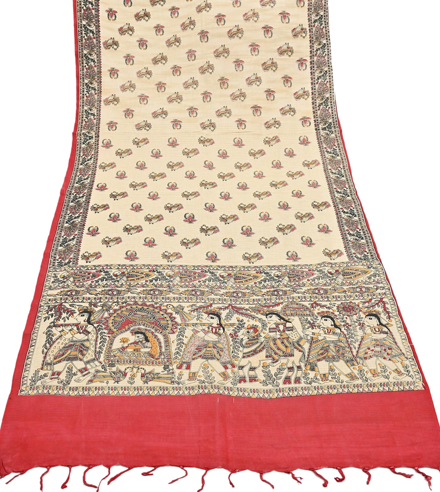 Indian Beige & red Vintage Dupatta Long Stole Madhubani Print Pure Cotton Scarves Scarf Veil Wrap Boho Soft Floral Design