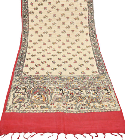 Indian Beige & red Vintage Dupatta Long Stole Madhubani Print Pure Cotton Scarves Scarf Veil Wrap Boho Soft Floral Design