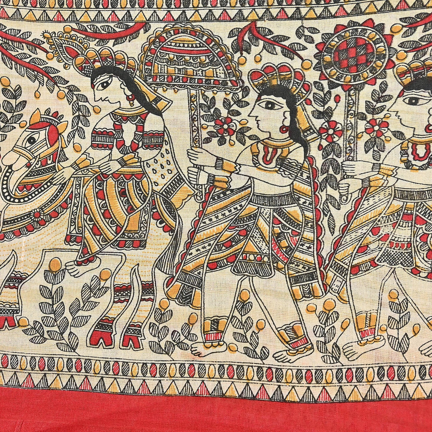 Indian Beige & red Vintage Dupatta Long Stole Madhubani Print Pure Cotton Scarves Scarf Veil Wrap Boho Soft Floral Design