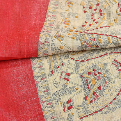 Indian Beige & red Vintage Dupatta Long Stole Madhubani Print Pure Cotton Scarves Scarf Veil Wrap Boho Soft Floral Design