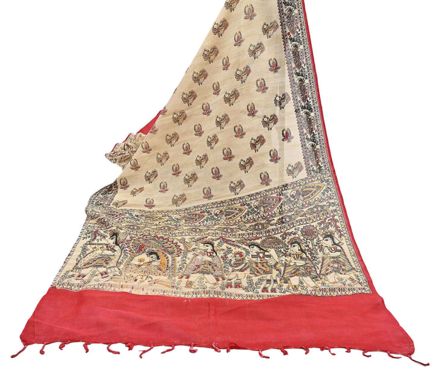 Indian Beige & red Vintage Dupatta Long Stole Madhubani Print Pure Cotton Scarves Scarf Veil Wrap Boho Soft Floral Design
