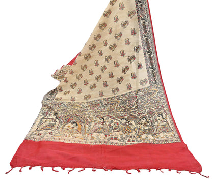 Indian Beige & red Vintage Dupatta Long Stole Madhubani Print Pure Cotton Scarves Scarf Veil Wrap Boho Soft Floral Design