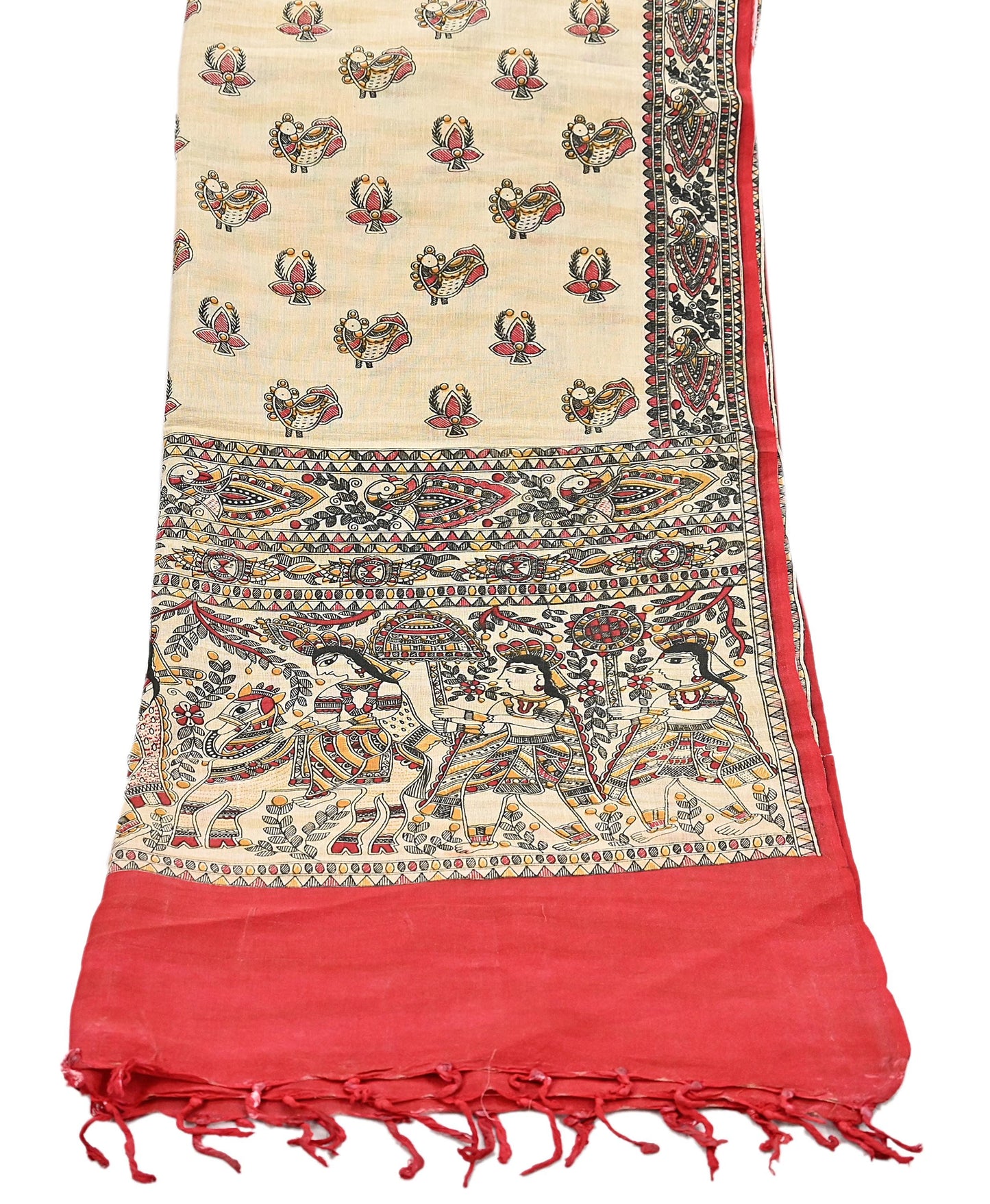 Indian Beige & red Vintage Dupatta Long Stole Madhubani Print Pure Cotton Scarves Scarf Veil Wrap Boho Soft Floral Design