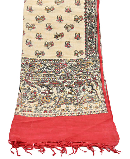 Indian Beige & red Vintage Dupatta Long Stole Madhubani Print Pure Cotton Scarves Scarf Veil Wrap Boho Soft Floral Design