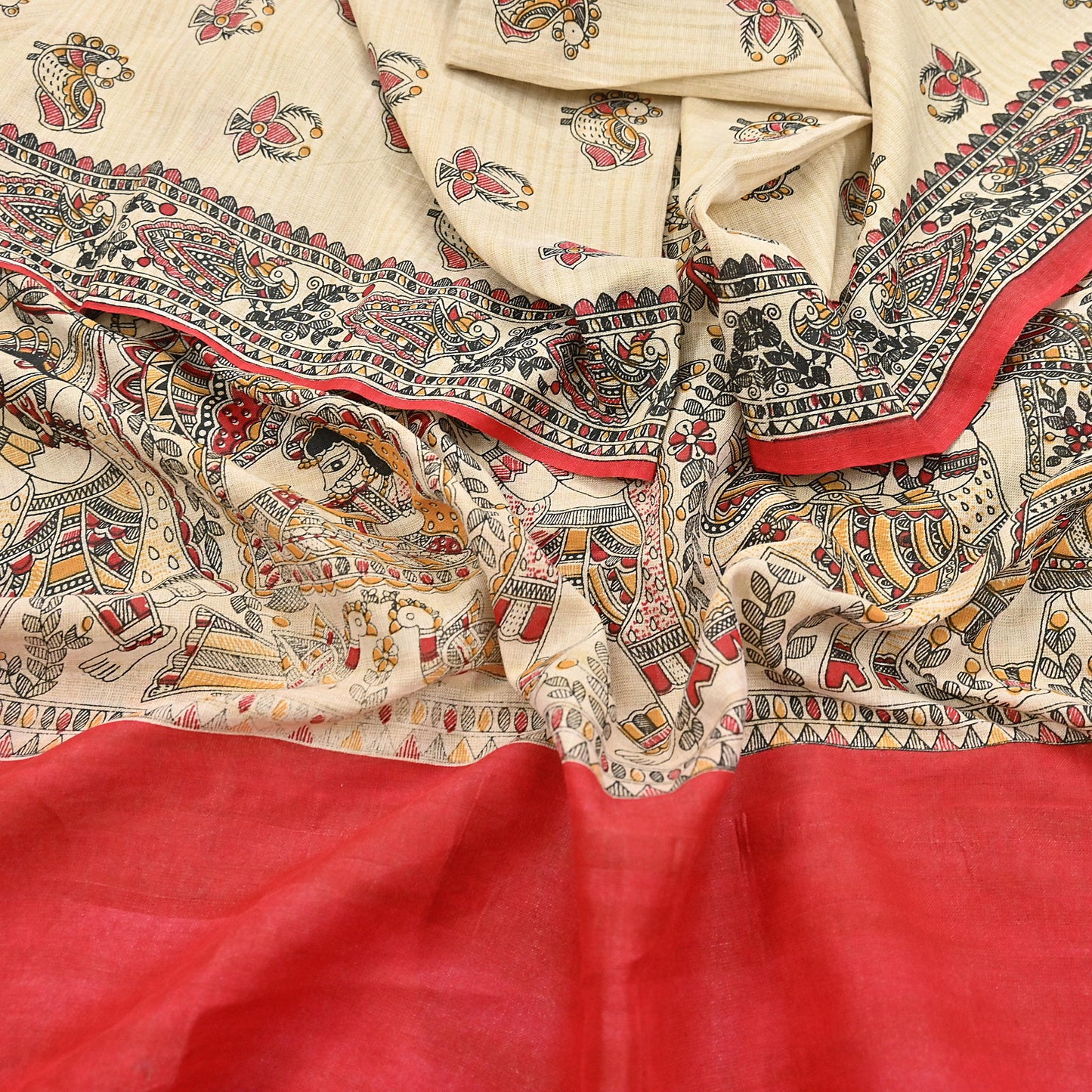 Indian Beige & red Vintage Dupatta Long Stole Madhubani Print Pure Cotton Scarves Scarf Veil Wrap Boho Soft Floral Design