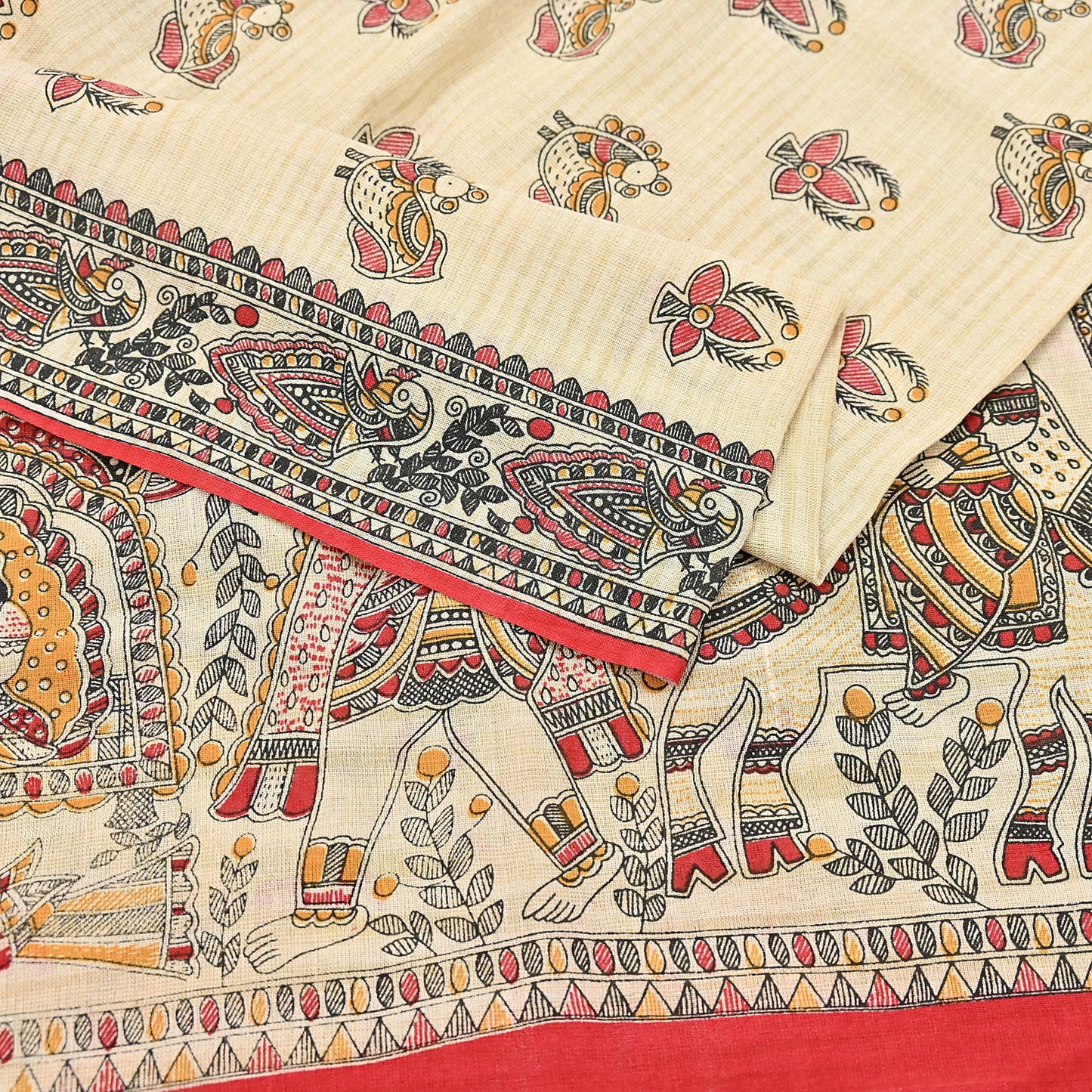 Indian Beige & red Vintage Dupatta Long Stole Madhubani Print Pure Cotton Scarves Scarf Veil Wrap Boho Soft Floral Design