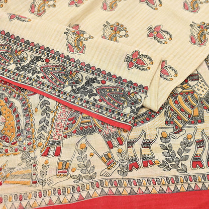 Indian Beige & red Vintage Dupatta Long Stole Madhubani Print Pure Cotton Scarves Scarf Veil Wrap Boho Soft Floral Design