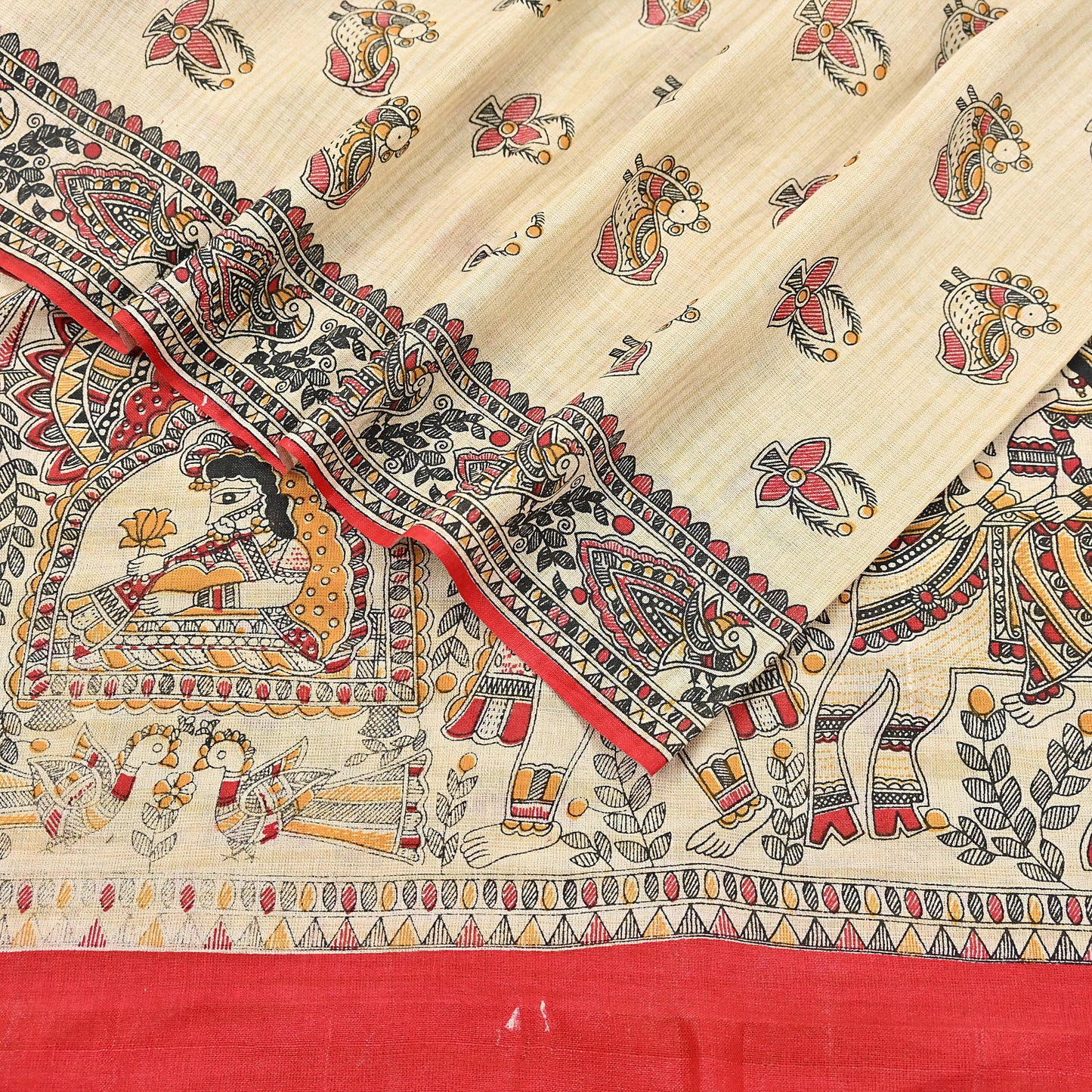 Indian Beige & red Vintage Dupatta Long Stole Madhubani Print Pure Cotton Scarves Scarf Veil Wrap Boho Soft Floral Design