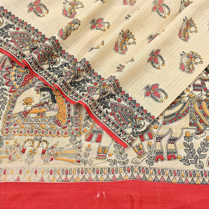 Indian Beige & red Vintage Dupatta Long Stole Madhubani Print Pure Cotton Scarves Scarf Veil Wrap Boho Soft Floral Design