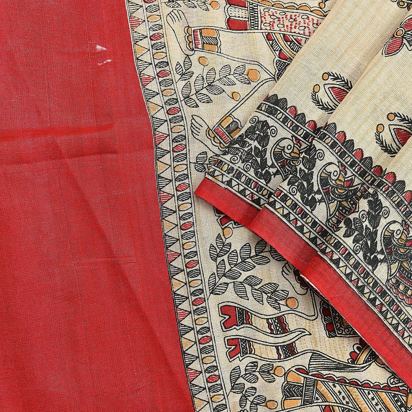 Indian Beige & red Vintage Dupatta Long Stole Madhubani Print Pure Cotton Scarves Scarf Veil Wrap Boho Soft Floral Design