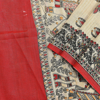 Indian Beige & red Vintage Dupatta Long Stole Madhubani Print Pure Cotton Scarves Scarf Veil Wrap Boho Soft Floral Design
