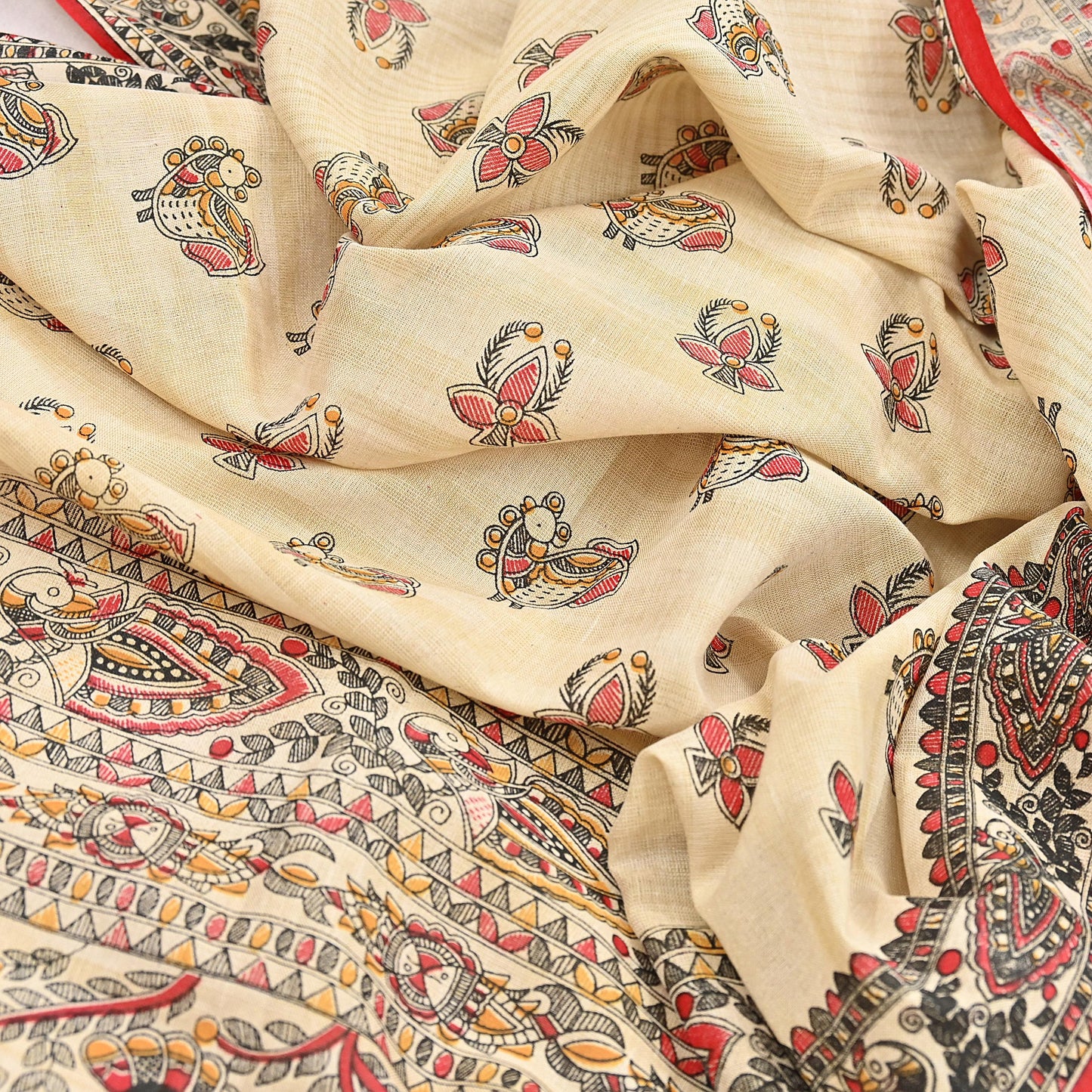 Indian Beige & red Vintage Dupatta Long Stole Madhubani Print Pure Cotton Scarves Scarf Veil Wrap Boho Soft Floral Design