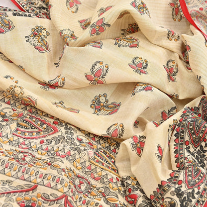 Indian Beige & red Vintage Dupatta Long Stole Madhubani Print Pure Cotton Scarves Scarf Veil Wrap Boho Soft Floral Design