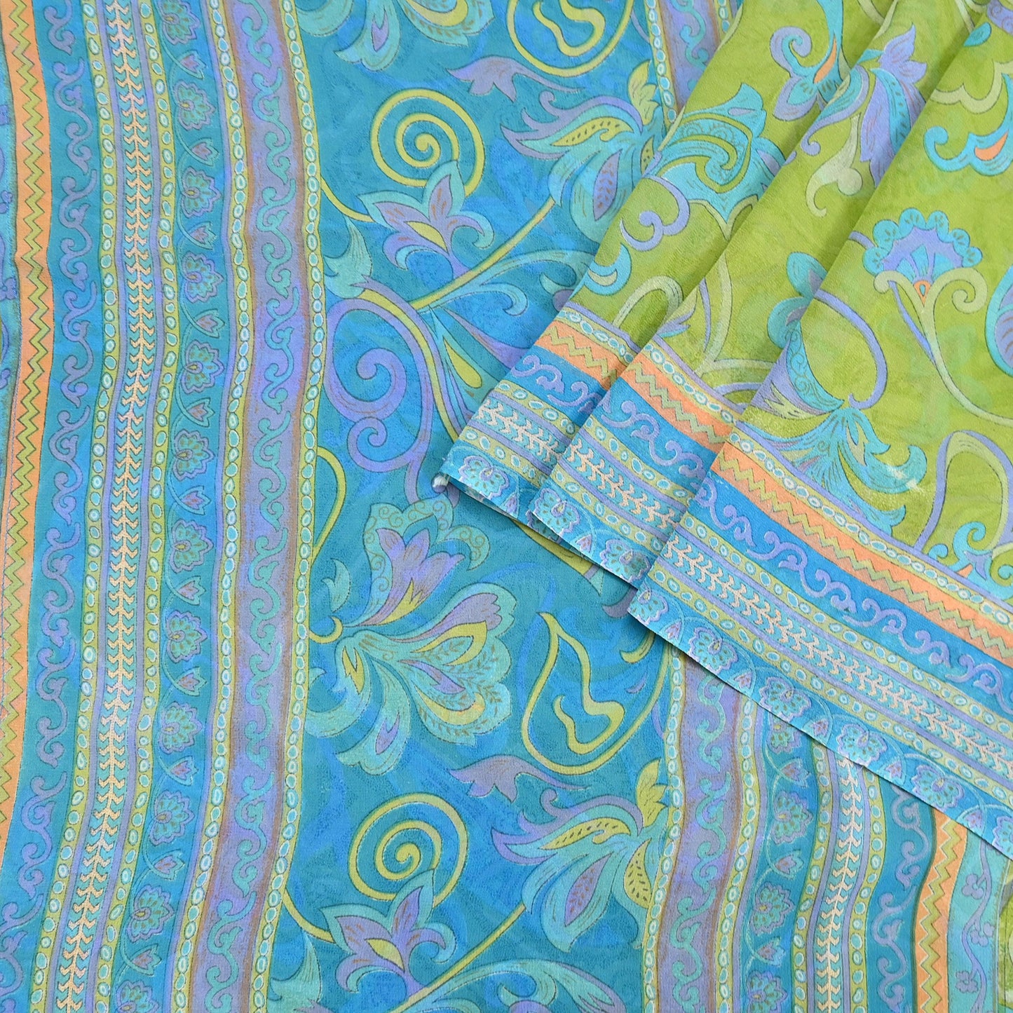 Indian Vintage Sari Blue & Green 100% Pure Georgette Silk Printed Sarees Sewing 6yd Craft Soft Dress Designing for Crafting Abstract