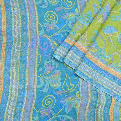 Indian Vintage Sari Blue & Green 100% Pure Georgette Silk Printed Sarees Sewing 6yd Craft Soft Dress Designing for Crafting Abstract