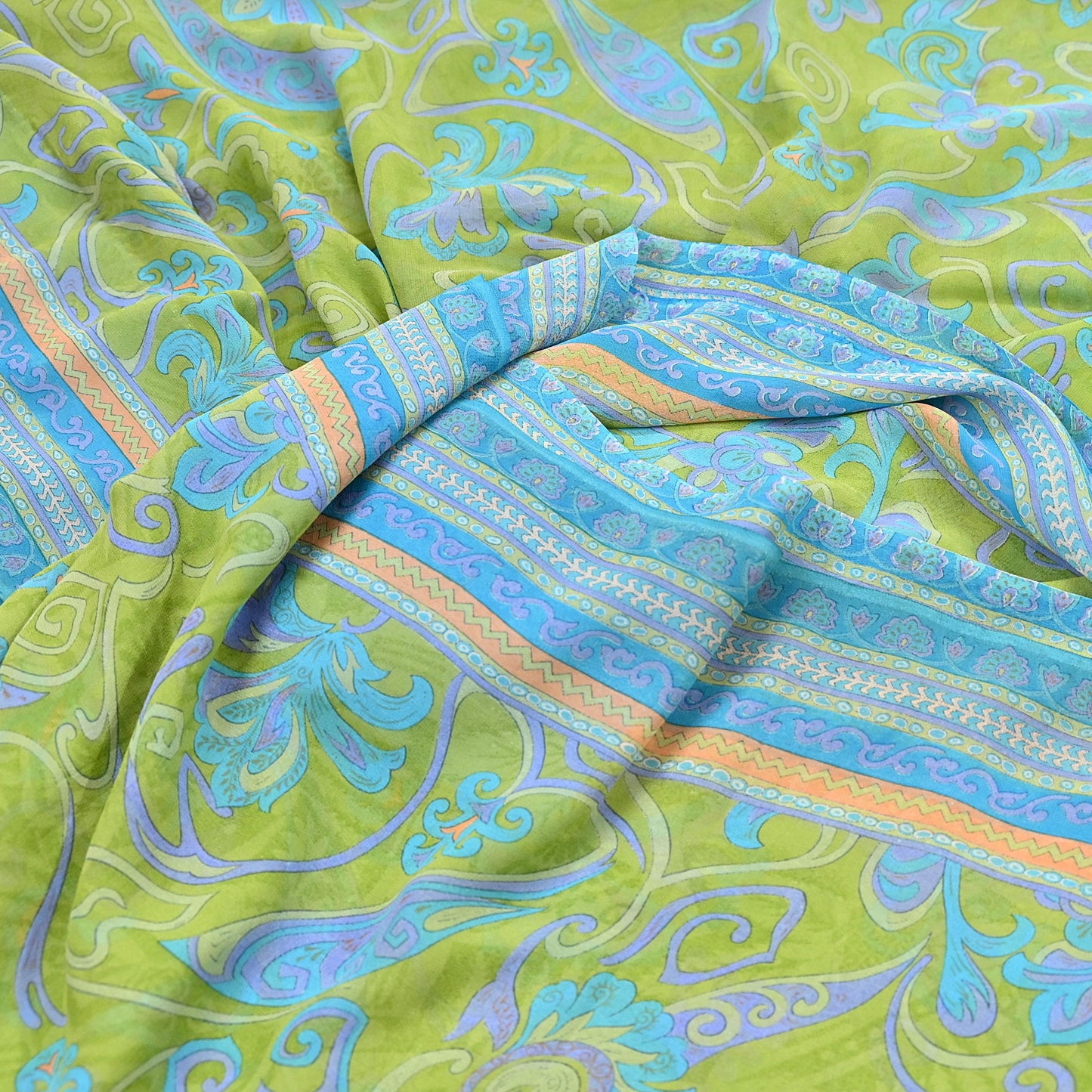 Indian Vintage Sari Blue & Green 100% Pure Georgette Silk Printed Sarees Sewing 6yd Craft Soft Dress Designing for Crafting Abstract