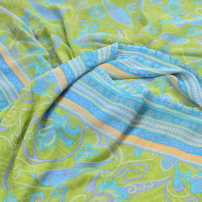 Indian Vintage Sari Blue & Green 100% Pure Georgette Silk Printed Sarees Sewing 6yd Craft Soft Dress Designing for Crafting Abstract