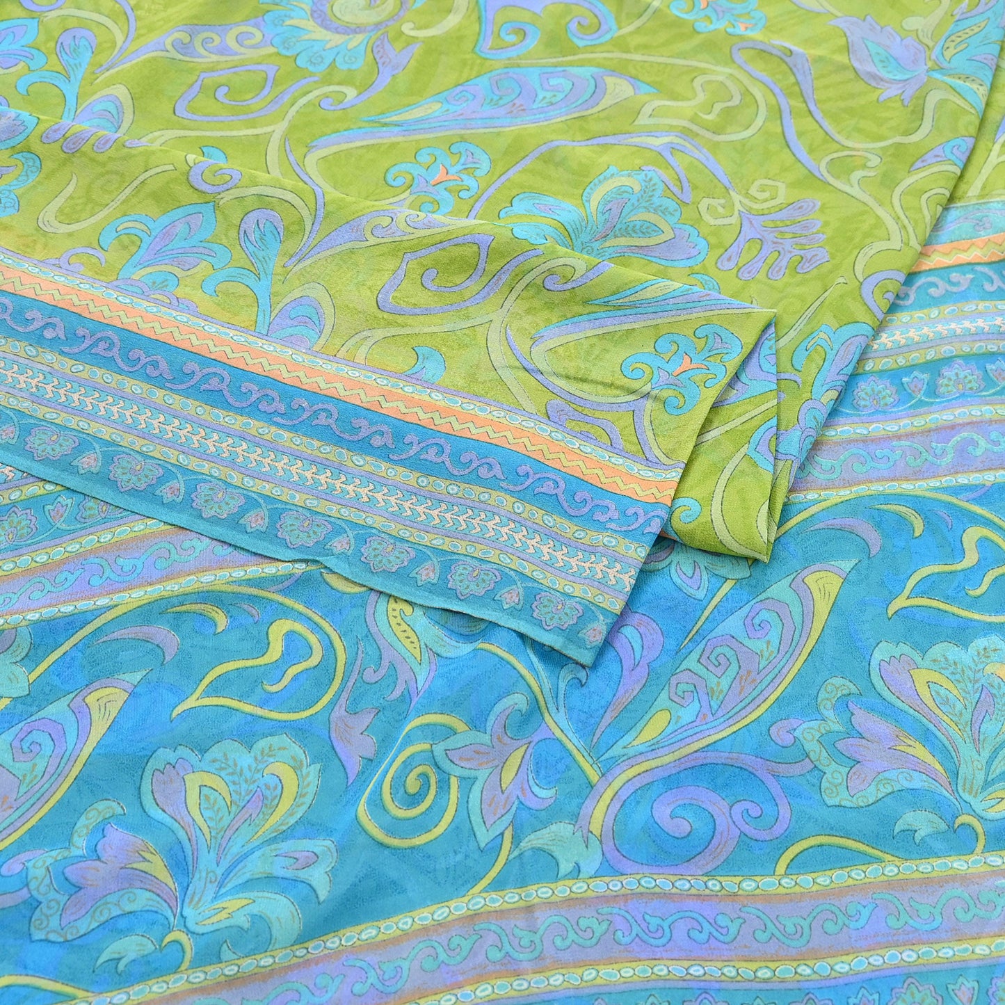 Indian Vintage Sari Blue & Green 100% Pure Georgette Silk Printed Sarees Sewing 6yd Craft Soft Dress Designing for Crafting Abstract