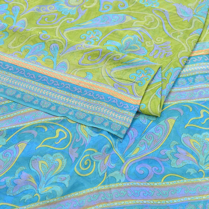 Indian Vintage Sari Blue & Green 100% Pure Georgette Silk Printed Sarees Sewing 6yd Craft Soft Dress Designing for Crafting Abstract