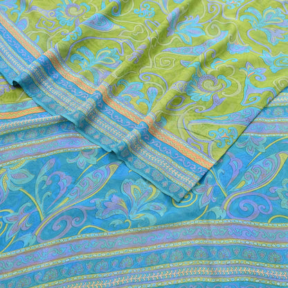 Indian Vintage Sari Blue & Green 100% Pure Georgette Silk Printed Sarees Sewing 6yd Craft Soft Dress Designing for Crafting Abstract