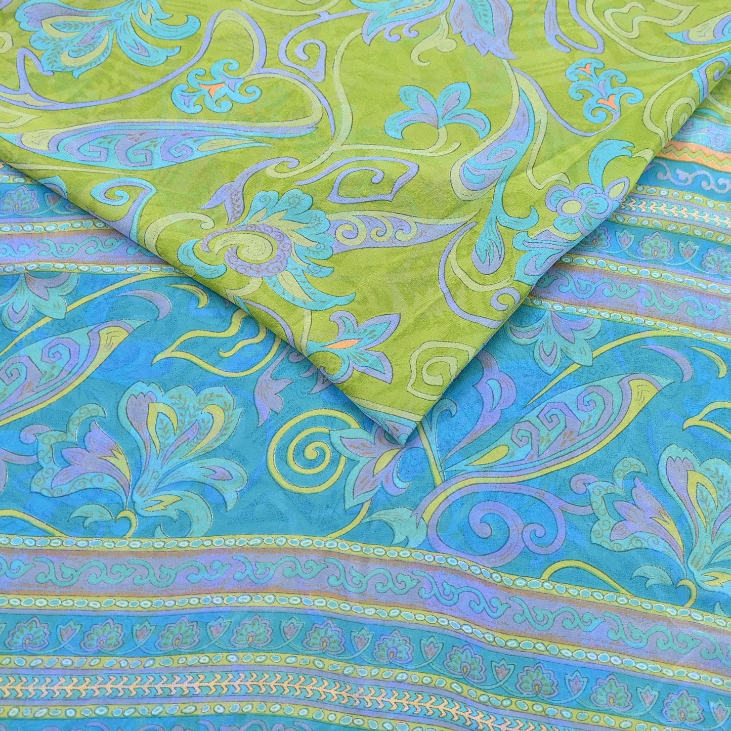 Indian Vintage Sari Blue & Green 100% Pure Georgette Silk Printed Sarees Sewing 6yd Craft Soft Dress Designing for Crafting Abstract