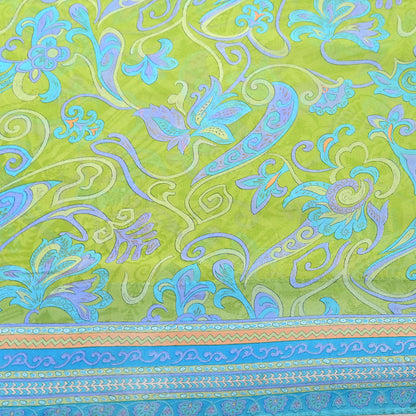 Indian Vintage Sari Blue & Green 100% Pure Georgette Silk Printed Sarees Sewing 6yd Craft Soft Dress Designing for Crafting Abstract