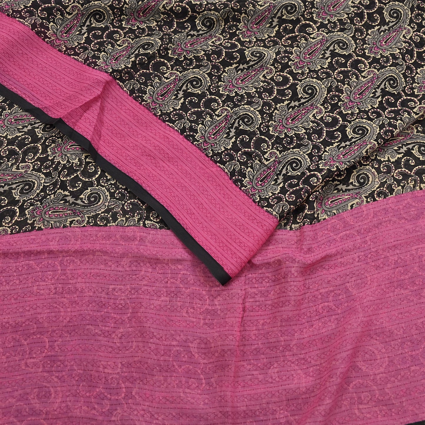 Indian Vintage Sari Black & pink Pure Chiffon Silk Printed Sarees Craft Fabric Sewing 5Yd Soft Light Sari Dress Making Quilting Upcycle