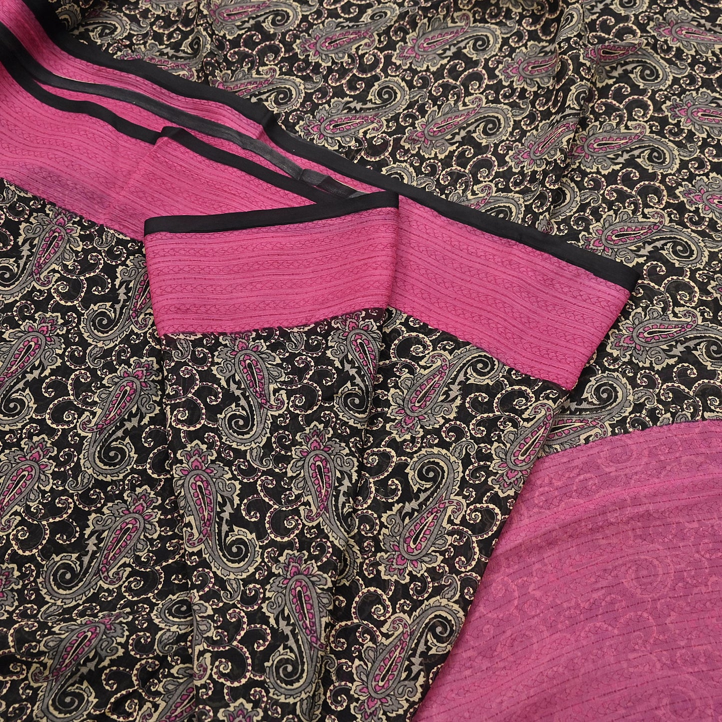 Indian Vintage Sari Black & pink Pure Chiffon Silk Printed Sarees Craft Fabric Sewing 5Yd Soft Light Sari Dress Making Quilting Upcycle
