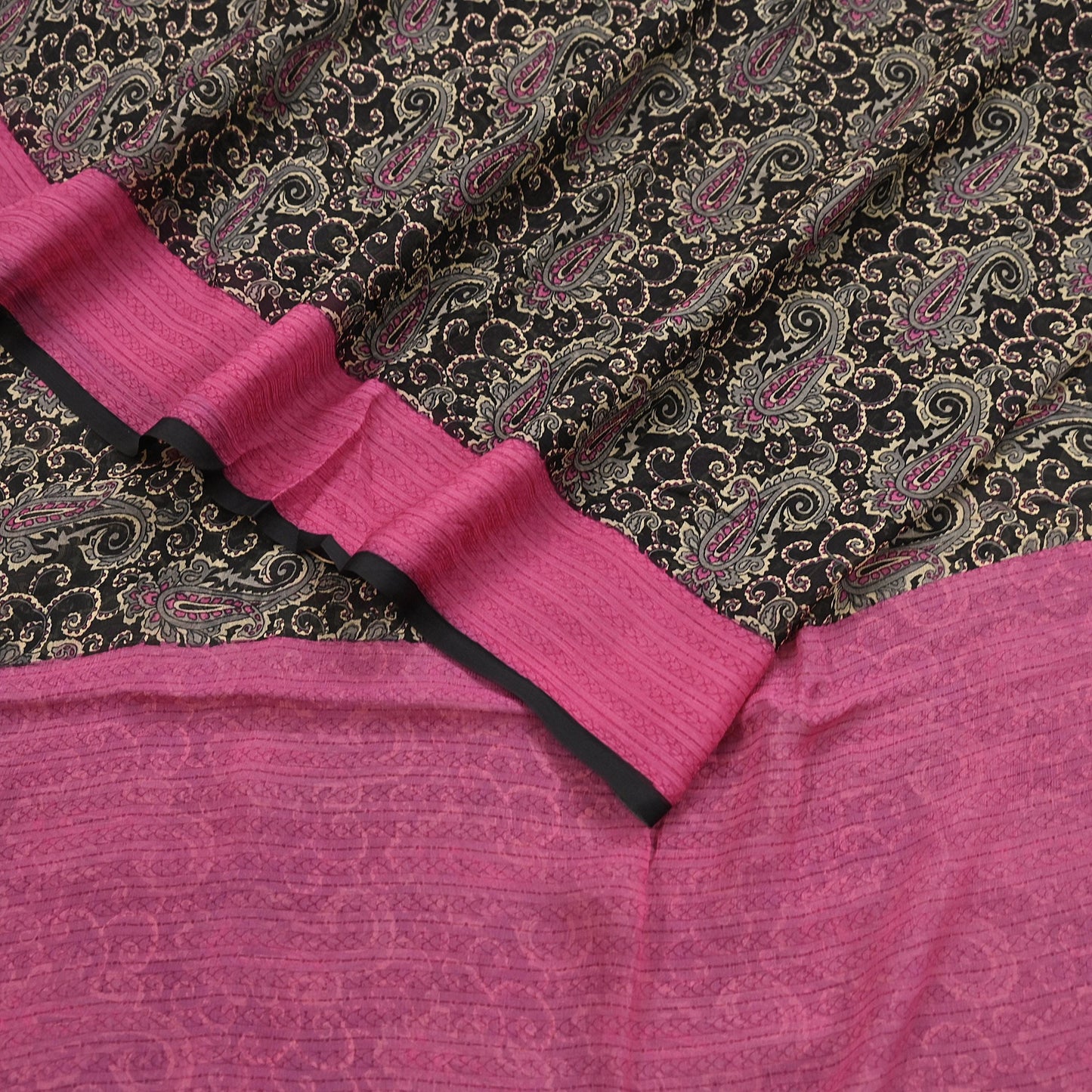 Indian Vintage Sari Black & pink Pure Chiffon Silk Printed Sarees Craft Fabric Sewing 5Yd Soft Light Sari Dress Making Quilting Upcycle