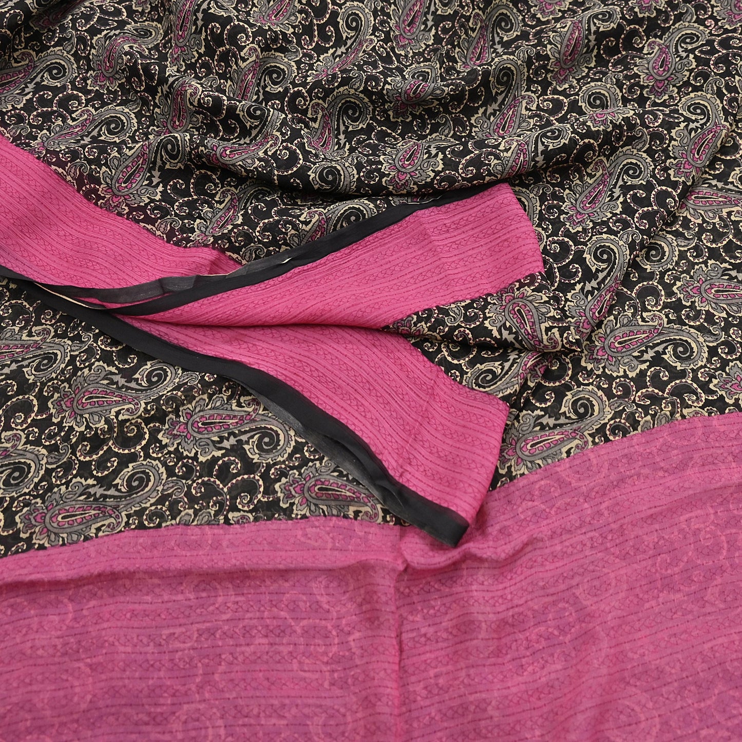 Indian Vintage Sari Black & pink Pure Chiffon Silk Printed Sarees Craft Fabric Sewing 5Yd Soft Light Sari Dress Making Quilting Upcycle