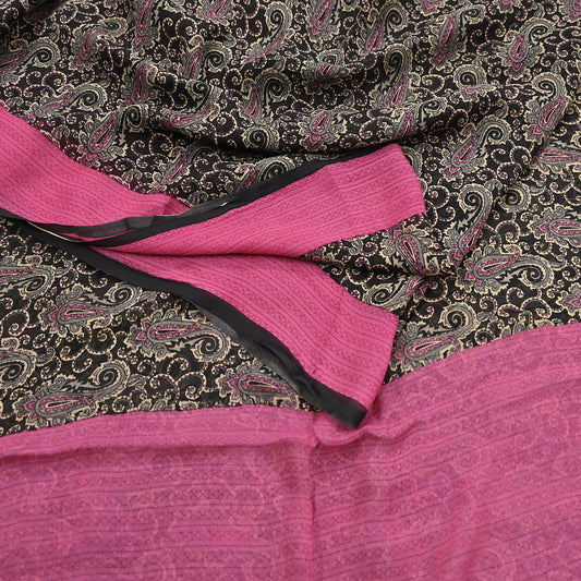 Indian Vintage Sari Black & pink Pure Chiffon Silk Printed Sarees Craft Fabric Sewing 5Yd Soft Light Sari Dress Making Quilting Upcycle