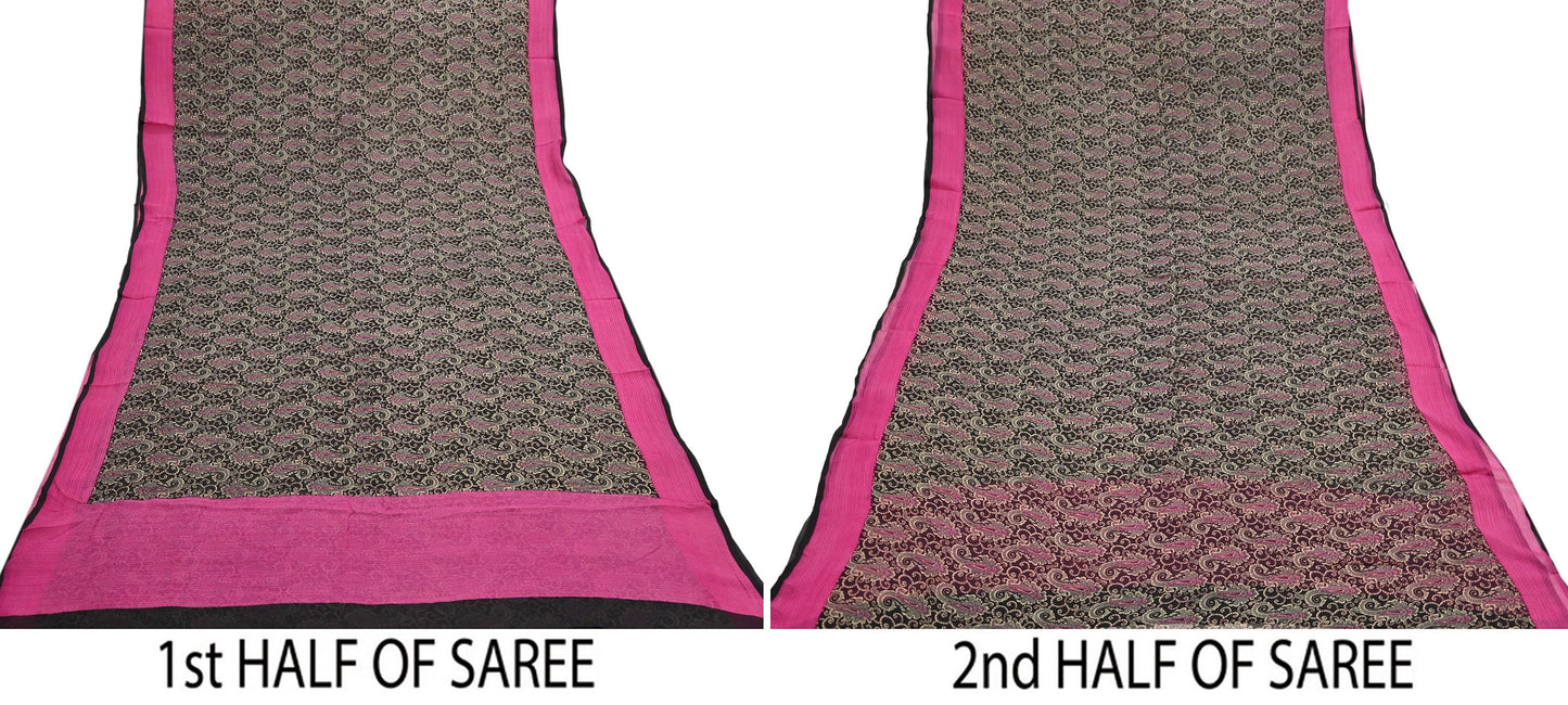 Indian Vintage Sari Black & pink Pure Chiffon Silk Printed Sarees Craft Fabric Sewing 5Yd Soft Light Sari Dress Making Quilting Upcycle