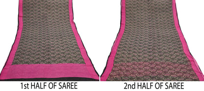 Indian Vintage Sari Black & pink Pure Chiffon Silk Printed Sarees Craft Fabric Sewing 5Yd Soft Light Sari Dress Making Quilting Upcycle