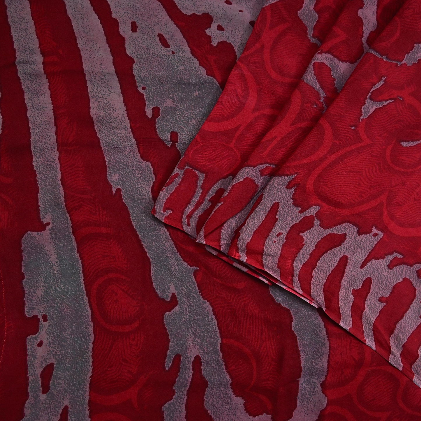 Indian Vintage Sari Red & Gray Pure Georgette Silk Printed Sarees Craft Fabric Sewing 5Yd Soft Dress Making Crafting Quilting Upcycle