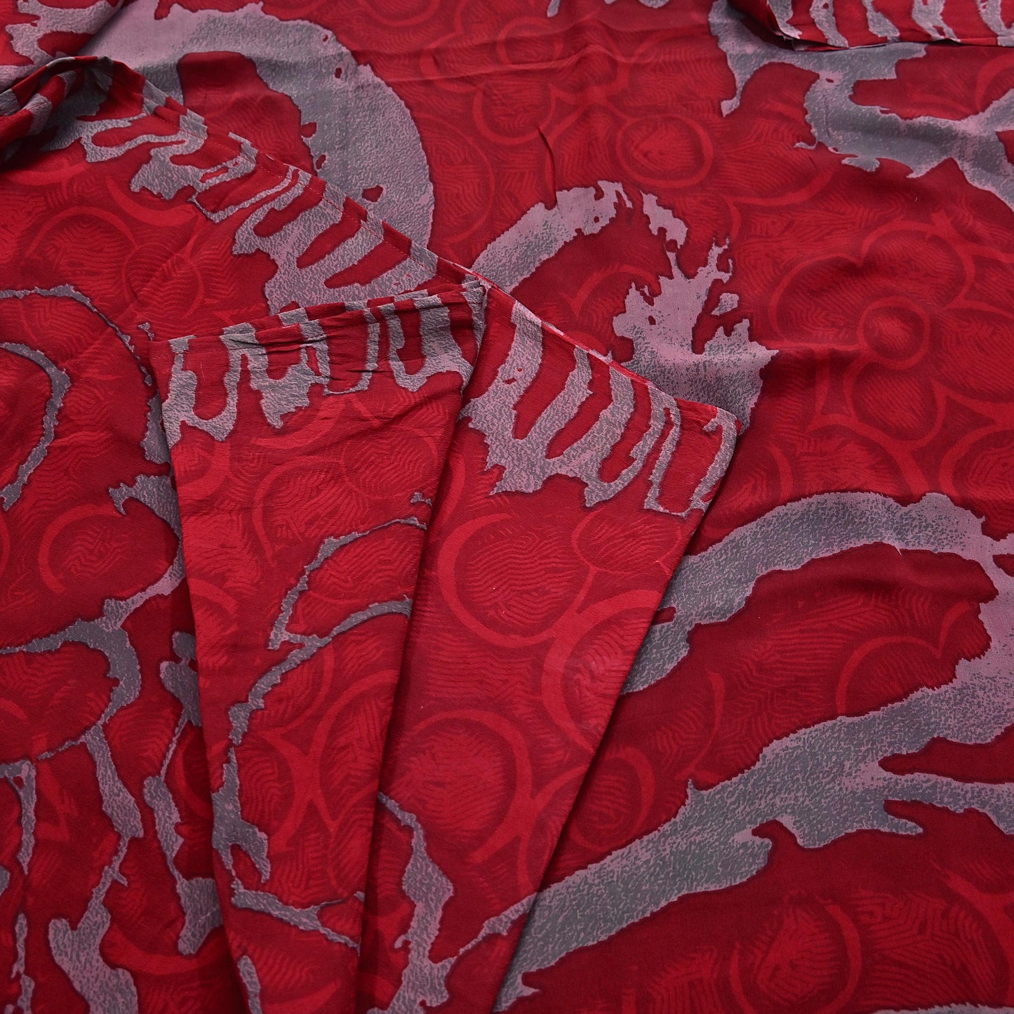 Indian Vintage Sari Red & Gray Pure Georgette Silk Printed Sarees Craft Fabric Sewing 5Yd Soft Dress Making Crafting Quilting Upcycle