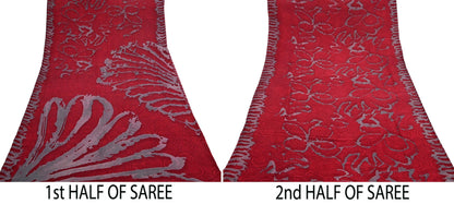 Indian Vintage Sari Red & Gray Pure Georgette Silk Printed Sarees Craft Fabric Sewing 5Yd Soft Dress Making Crafting Quilting Upcycle