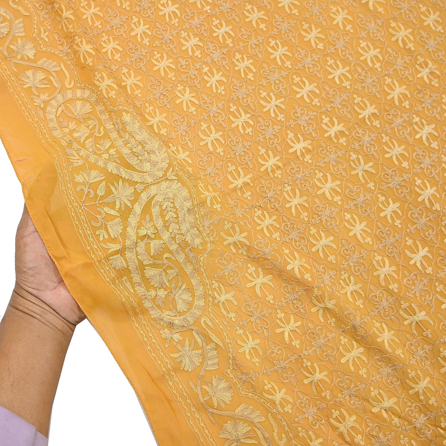 Indian Vintage Dupatta Mustard Pure Georgette silk Long Stole Hand Embroidered ari work Scarves Stole Veil Wrap
